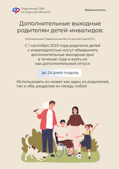 Отделение СФР по Курской области оплатило более 10,5 тысячи дней дополнительных выходных по уходу за детьми с инвалидностью. Отделение СФР по Курской области оплатило более 10,5 тысячи дней дополнительных выходных по уходу за детьми с инвалидностью.